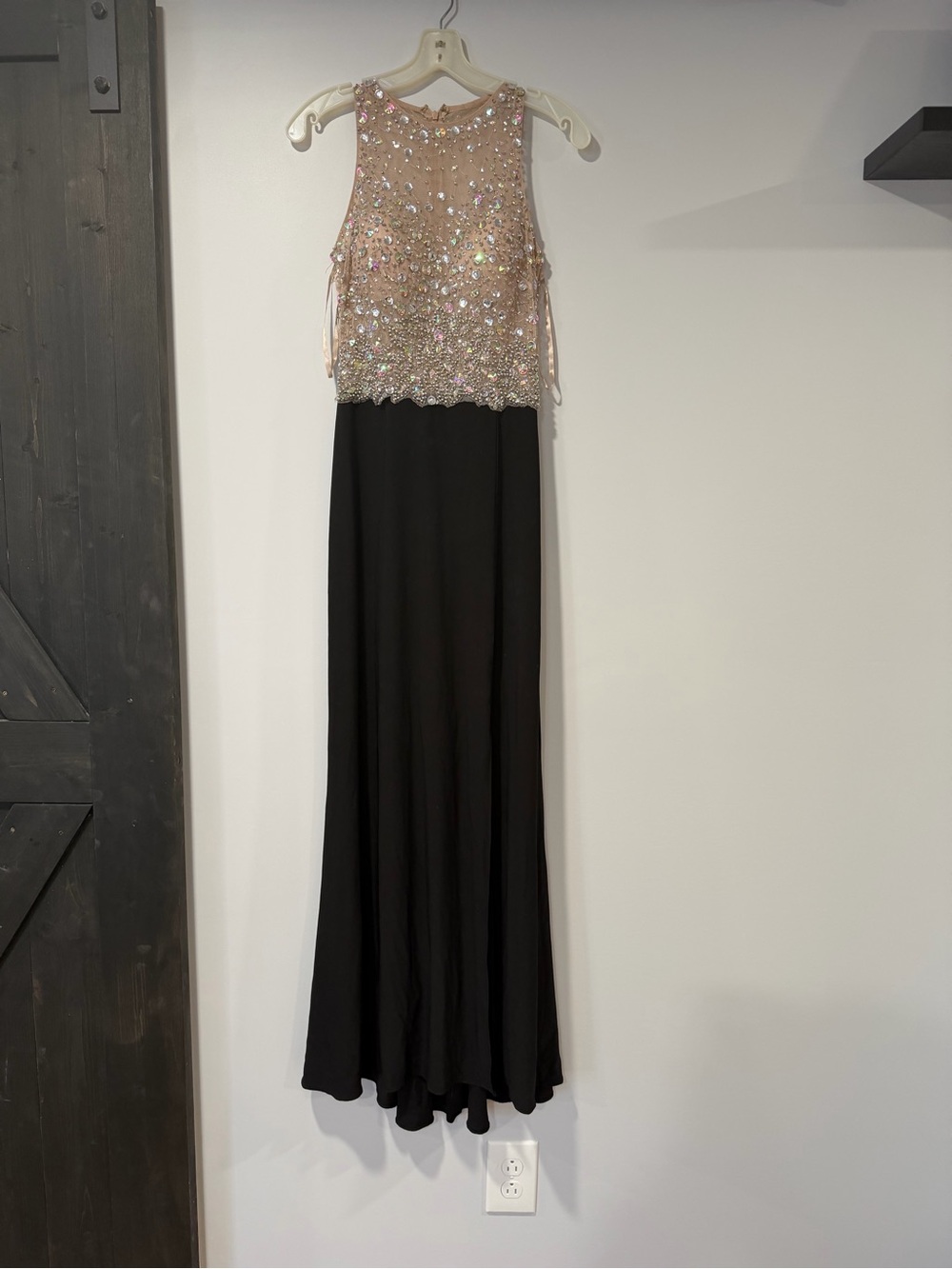 David's Bridal Black Prom Dress with Beaded Nude Top